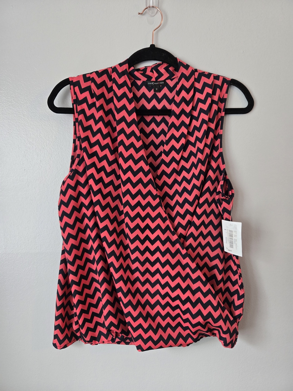NWT Pink Black Chevron Sleeveless Blouse Faux Wrap Y2K Size Medium